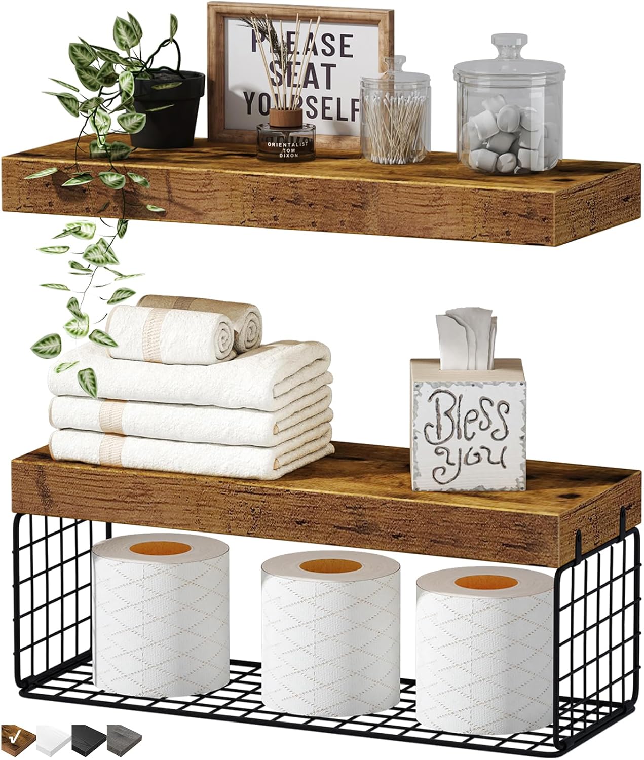QEEIG Bathroom Shelves Over Toilet - Wall Mounted Floating Shelves Toilet Paper Storage Small Farmhouse Decor Shelf 16 inch Set of 3, Rustic Brown (019-BN3)