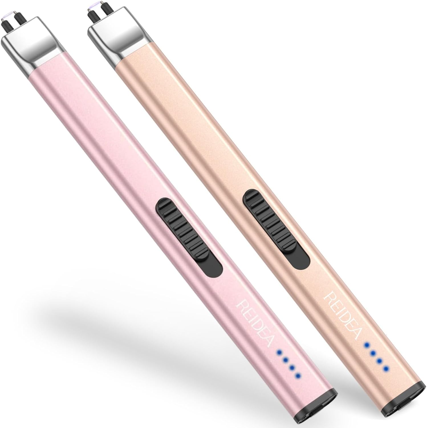 REIDEA Lighters 2 Pack R1 Flat Electronic Candle Lighter, Windproof Flameless USB Rechargeable Arc Lighter with Safe Button and Power Indicator for Candle, BBQ and Fireworks, Champagne and Rose