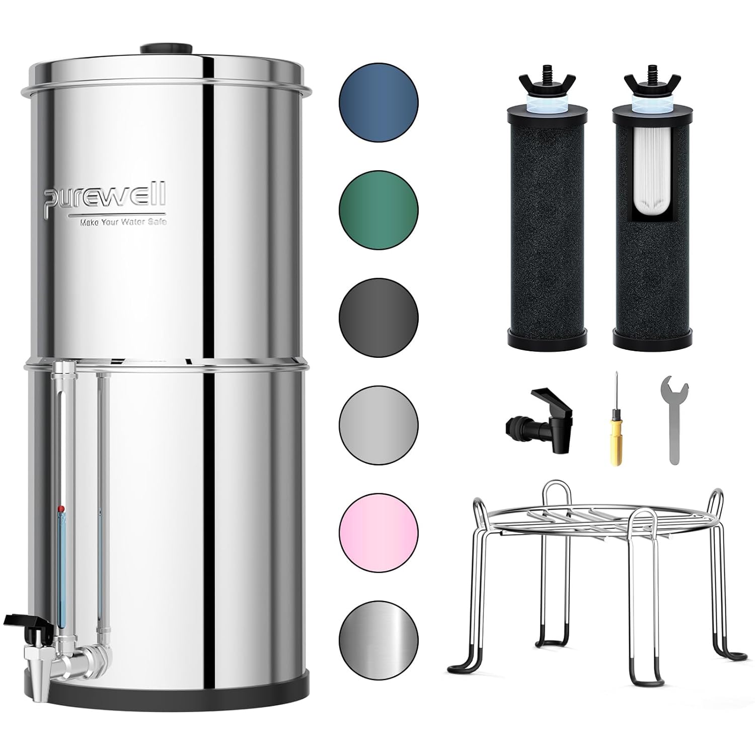 3-Stage 0.01μm Ultra-Filtration Gravity Water Filter System, 304 Stainless Steel Countertop System with 2 Filters, Metal Water Level Spigot and Stand, Reduce 99% Chlorine, 2.25G, PW-OB-K