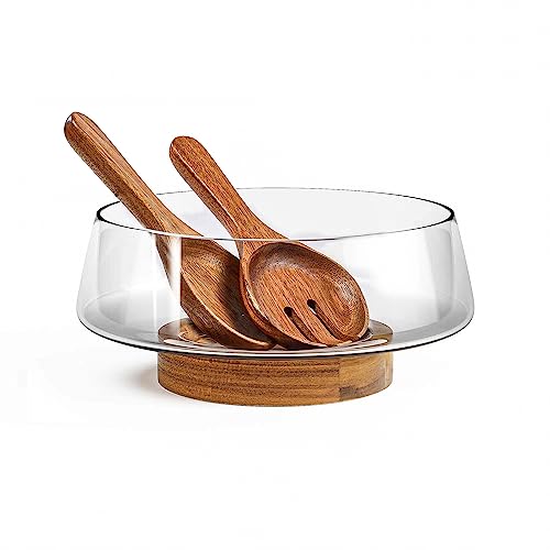 Extra Large Glass Salad Bowl Set - Party Salad Bowls with Acacia Wood Base and Serving Utensils - Elegant and Practical Kitchen Must-Have