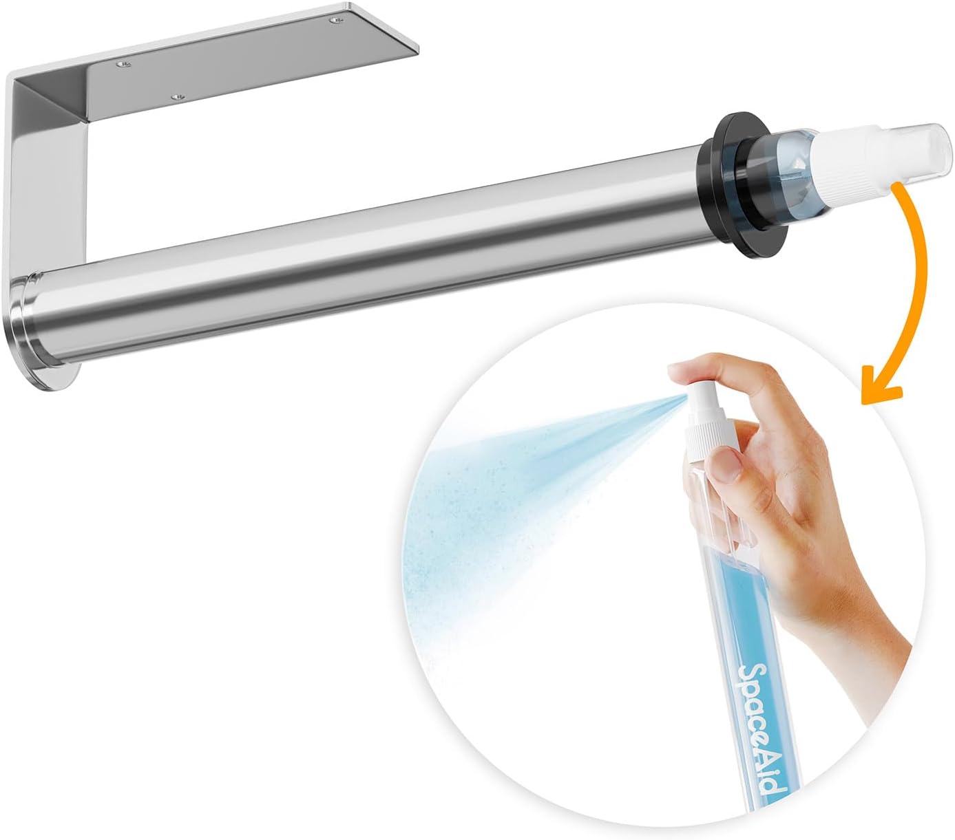 SpaceAid SprayNeat Paper Towel Holder with Spray Bottle, Under Cabinet Paper Towels Holders with Sprayer Inside Center, Hanging Wall Mount Papertowels Roller for Kitchen and Bathroom (Silver)