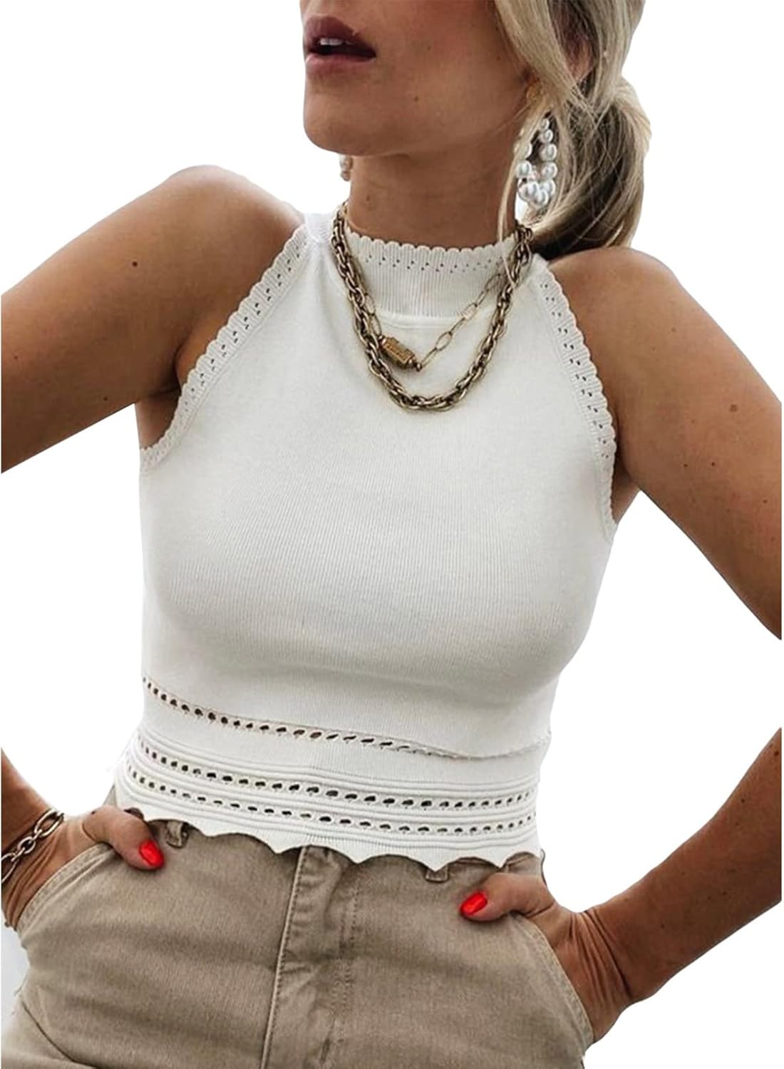 EVALESS Womens Halter Crop Tank Tops 2026 Trendy Summer Casual Ribbed Knit Racerback High Neck Corset Tube Cute Sleeveless Slim Basic Cami Tops Blouses Clothes,White M