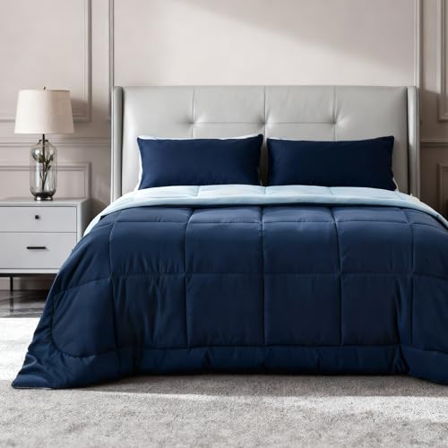 Bedsure California King Comforter - Duvet Insert Quilted, Navy Blue/Blue | All Season Skin-Friendly Soft Color Blocking Bedding with 8 Tabs ,Machine Washable Home Decor Gift Women/Men, 102x96 in