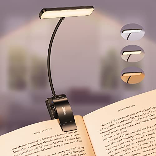 Gritin 19 LED Rechargeable Book Light for Reading in Bed | Eye Caring 3 Color Temps,Stepless Dimming Brightness,Memory Function,90 Hrs Runtime Lightweight Clip on Light for Book Lovers