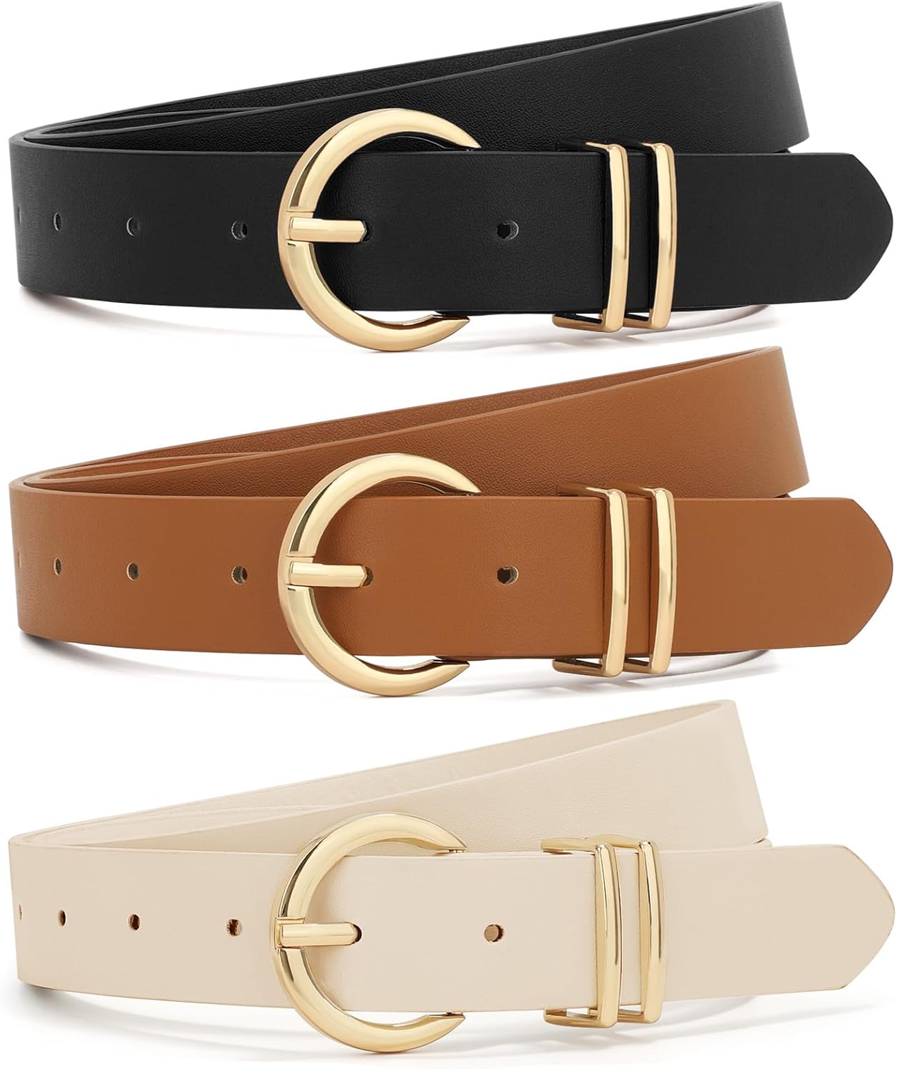 3 Pack Women Belts For Jeans Dresses Pants Ladies Leather Waist Belt with Gold Buckle