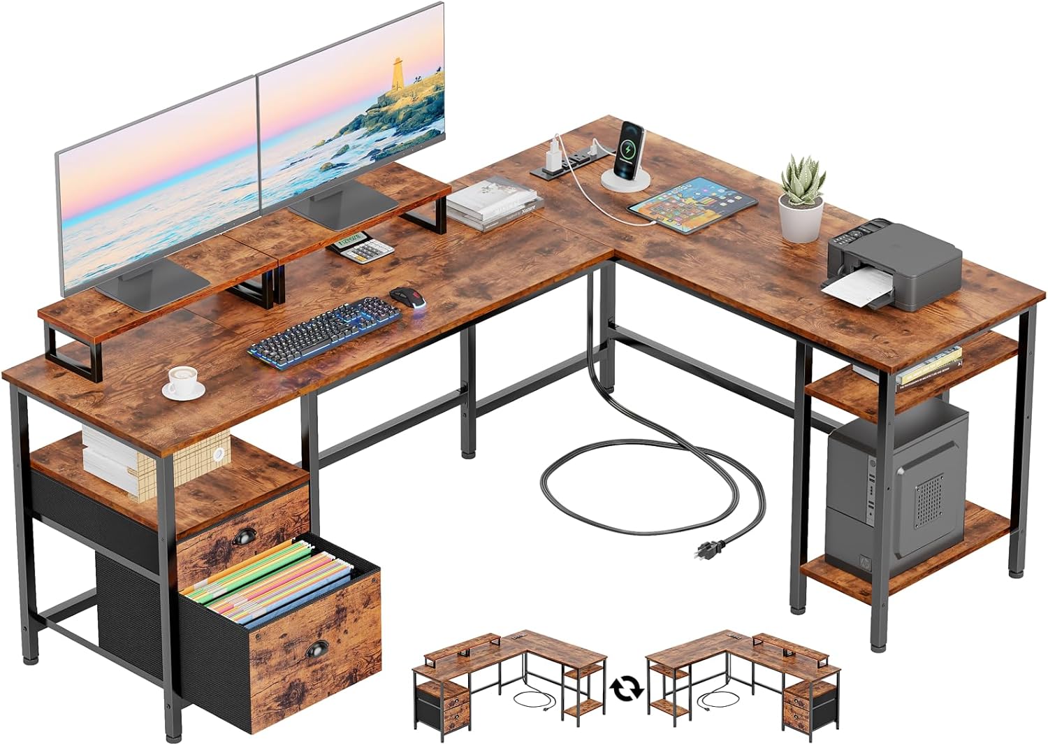 Furologee 66” L Shaped Desk with Power Outlet, Reversible Computer Gaming Desk with File Drawer & 2 Monitor Stands for Home Office with Storage Shelves, Black/Rustic Brown