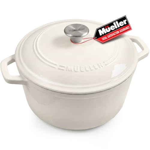 Mueller DuraCast 6QT Enameled Cast Iron Dutch Oven with Lid, Heavy-Duty | Casserole & Braiser Pan, Sourdough Bread Baking, PFOA-Free, 500°F Oven Safe, All Cooktops incl. Induction, White