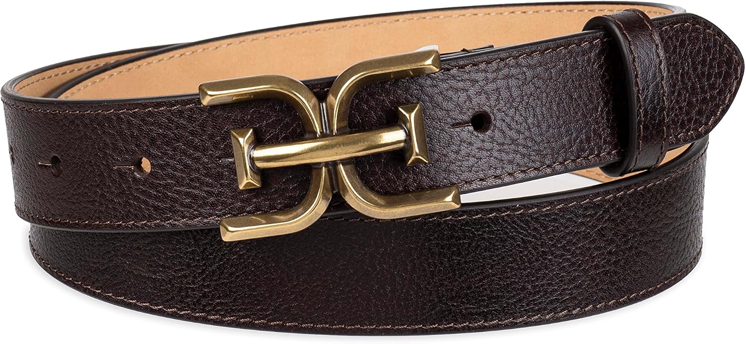 Sam Edelman Women's Slim Stitched Edge Double-E Plaque Buckle Belt, Brown, Large
