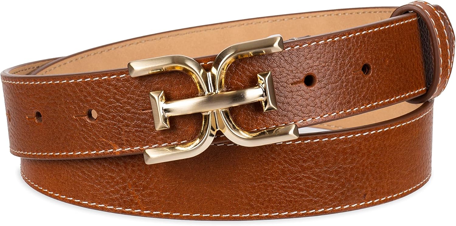 Women's Slim Stitched Edge Double-E Plaque Buckle Belt, Saddle, Large