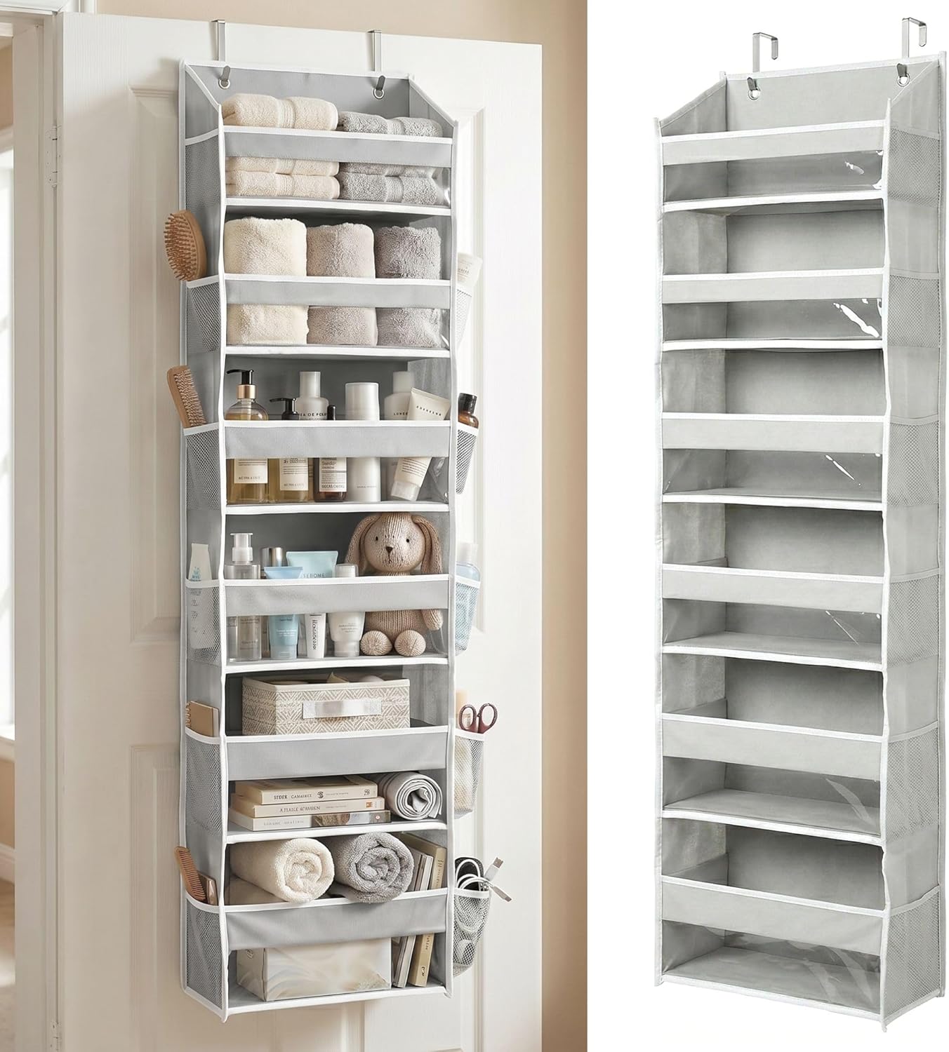 UPGRADED 6 Tiers Over The Door Organizer Hanging - 100D EXTRA THICK & 50lbs HUGE CAPACITY, 12 Side Mesh Pockets Over The Door Shoe Organizer, Hanging Closet Organizer (Light Gray, 1pc)