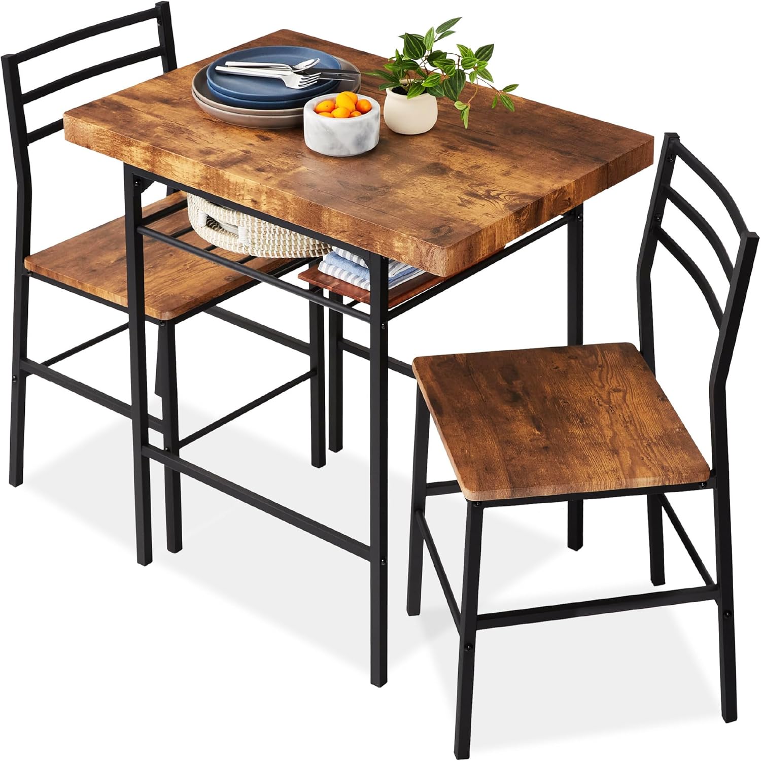 3-Piece Modern Dining Set, Space Saving Dinette for Kitchen, Dining Room, Small Space w/Steel Frame, Built-in Storage Rack - Medium Brown/Black