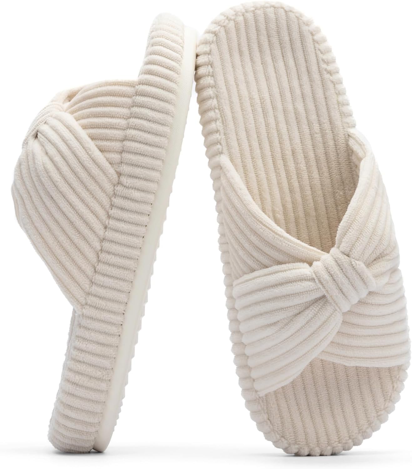 Slippers for Women Memory Foam House Bedroom Corduroy Bow Crossbands Slipper Shoes Comfy Trendy Gift Slippers Beige Size 7 8 6.5