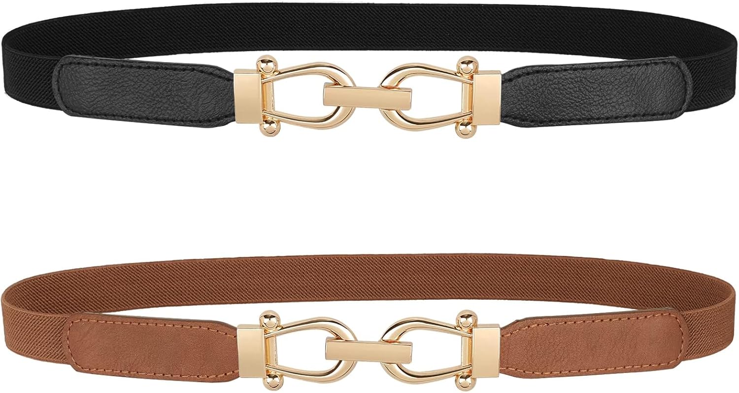 Women Skinny Elastic Belt for Dresses,Thin Retro Stretch Waist Belt with Golden Buckle 2 Pack,Black+Brown