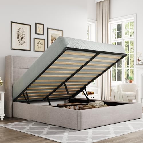 Allewie Queen Size Lift Up Hydraulic Storage Bed Frame Light Beige | Modern Wingback Headboard, Hydraulic Support Storage, No Box Spring Needed