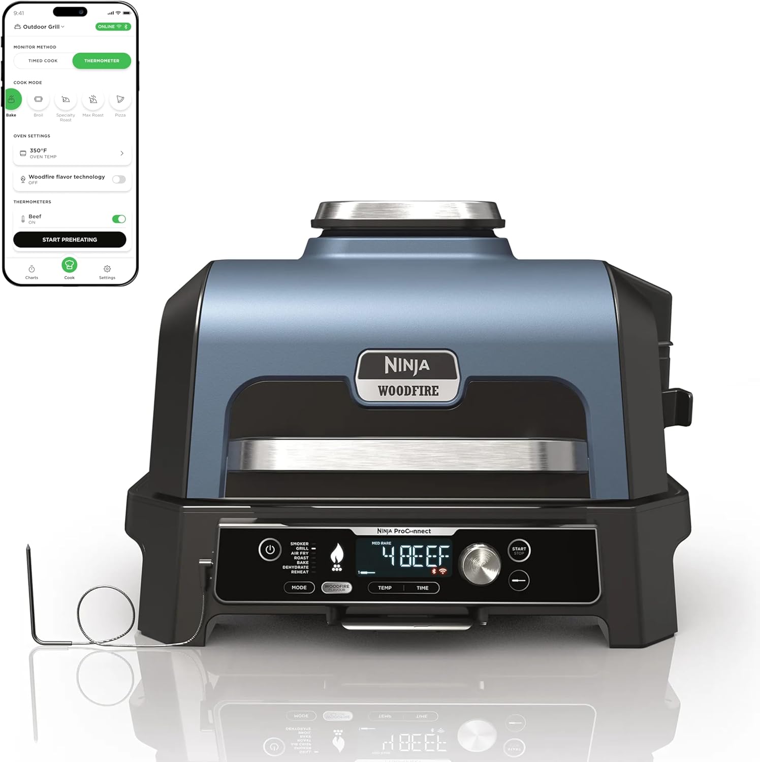 Woodfire Pro Connect Premium XL Outdoor Grill & Smoker, Bluetooth, App Enabled, 7-in-1 Master Grill, BBQ Smoker, Outdoor Air Fryer, Woodfire Technology, 2 Built-In Thermometers, Black/Blue