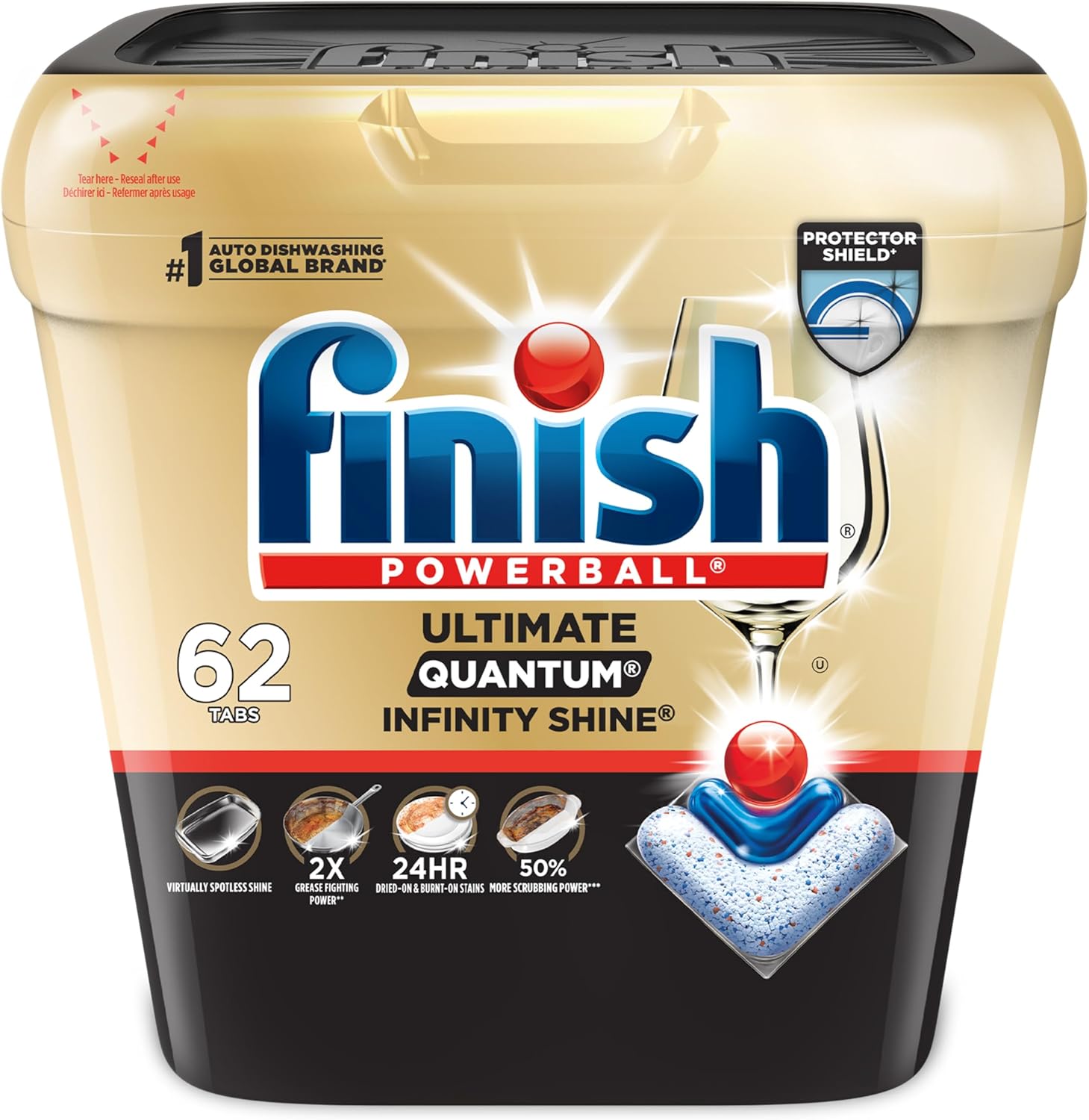 Finish Ultimate Quantum Infinity Shine Dishwasher Pods, New & Improved Formula, Dishwasher Detergent Dish Soap, Removes Burnt-On & Dried-On Stain, Degreasing, Scrubbing, & Shining Power, 62 Count