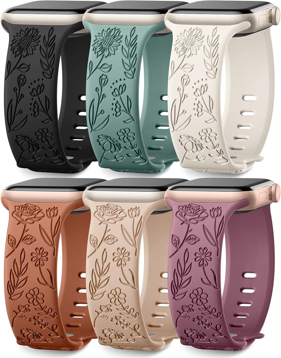 6 Pack Floral Engraved Bands Compatible with Apple Watch Bands 44mm for Women 40mm 41mm 45mm 49mm, Adjustable Comfortable Soft Silicone for iWatch Bands 38mm Womens Series
