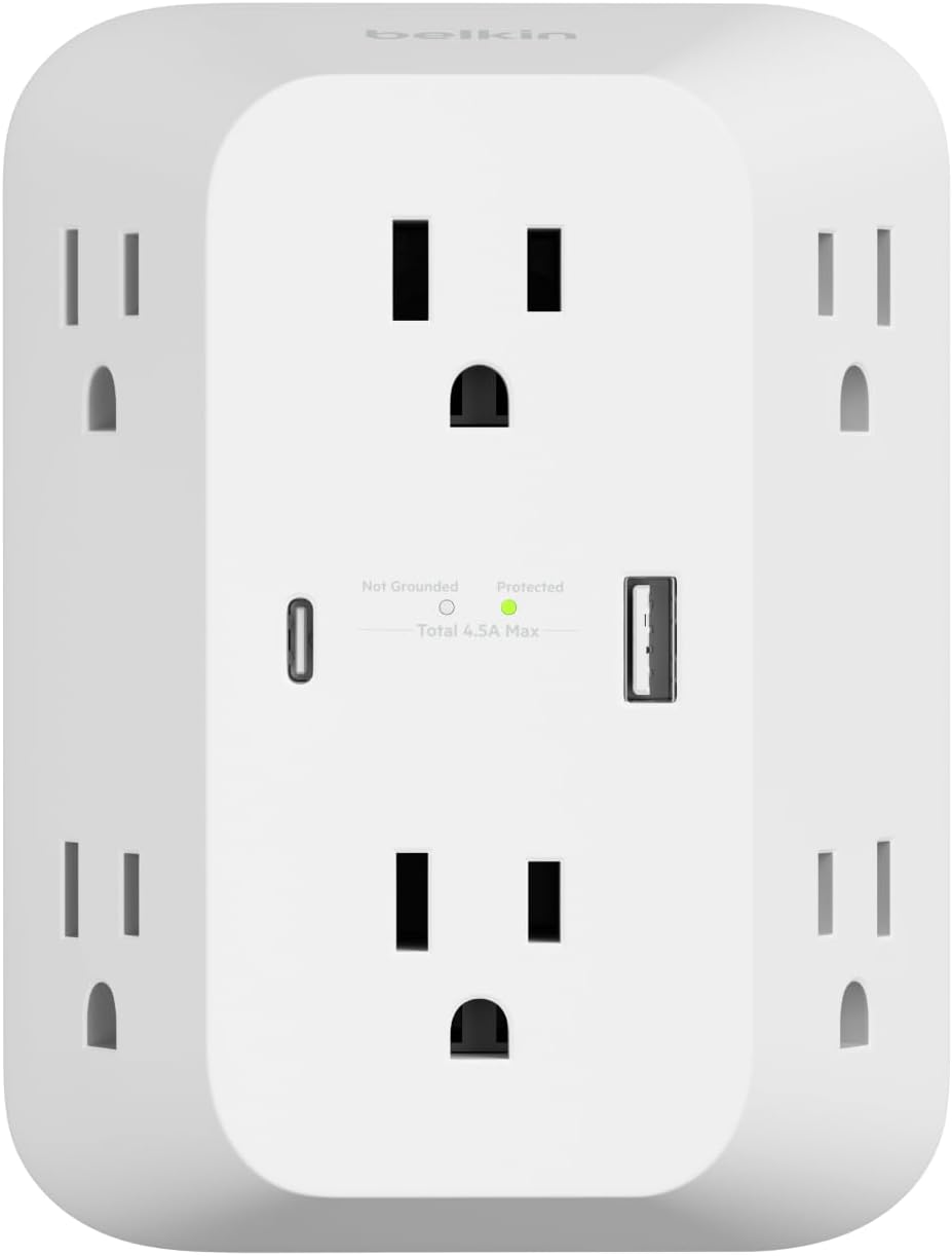 6-Outlet Surge Protector Power Strip, USB-C & USB-A Ports w/ USB-C PD Fast Charge, ETL-Listed, Wall-Mountable w/ 6 AC Outlets, Overvoltage Protection, LED Indicator, 1,680 Joules of Protection