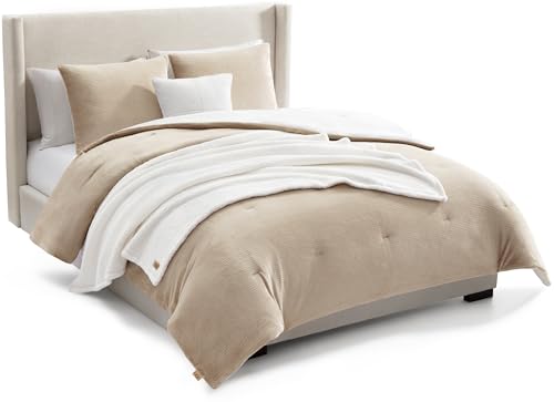 UGG Remina Queen Comforter Set with Throw Blanket & Pillow, 5-Piece, Beige | Fits Full & Queen Beds, Bed in a Bag Includes 1 Blanket, 2 Shams, 1 Pillow & 1 Reversible Comforter, Soft & Cozy, Washable