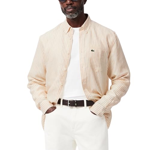 Lacoste Men's Regular Fit Striped Linen Shirt, White/Croissant, Medium