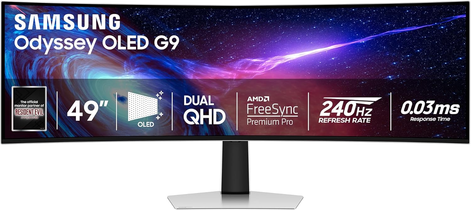 Samsung 49" Odyssey G93SC Series Curved Gaming Monitor, QD-OLED, 240Hz, 0.03ms, DQHD, G-Sync Compatible, FreeSync Premium Pro, Adjustable Stand