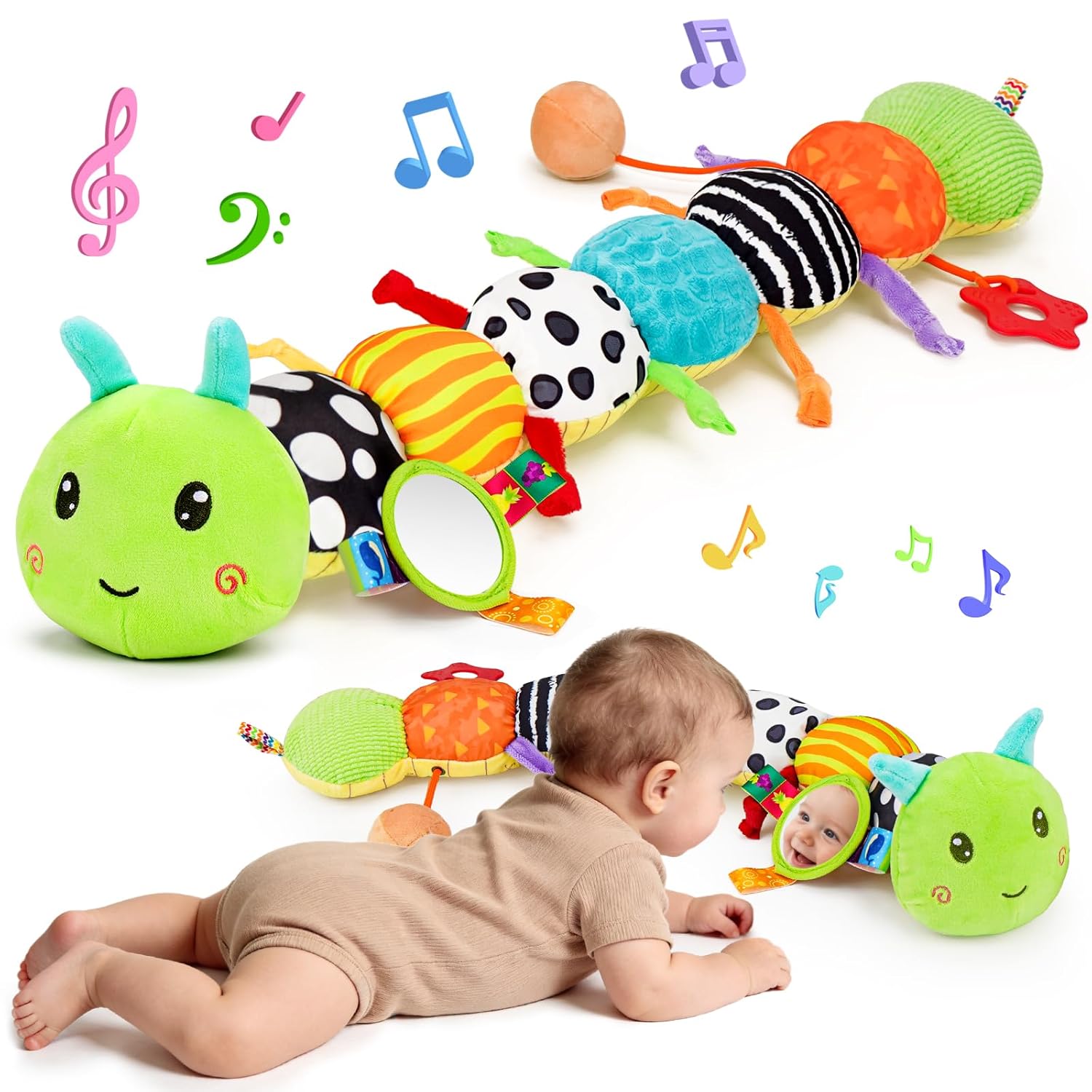 Baby Sensory Toy 0-6 Month Music Animal Stuffed Plush Caterpillar Toy for Infant 0-3-6-12 Month Old Tummy Time with Mirror Crinkle Rattle Toys for Newborn Boys Girl Shower Gifts Easter Basket Stuffer