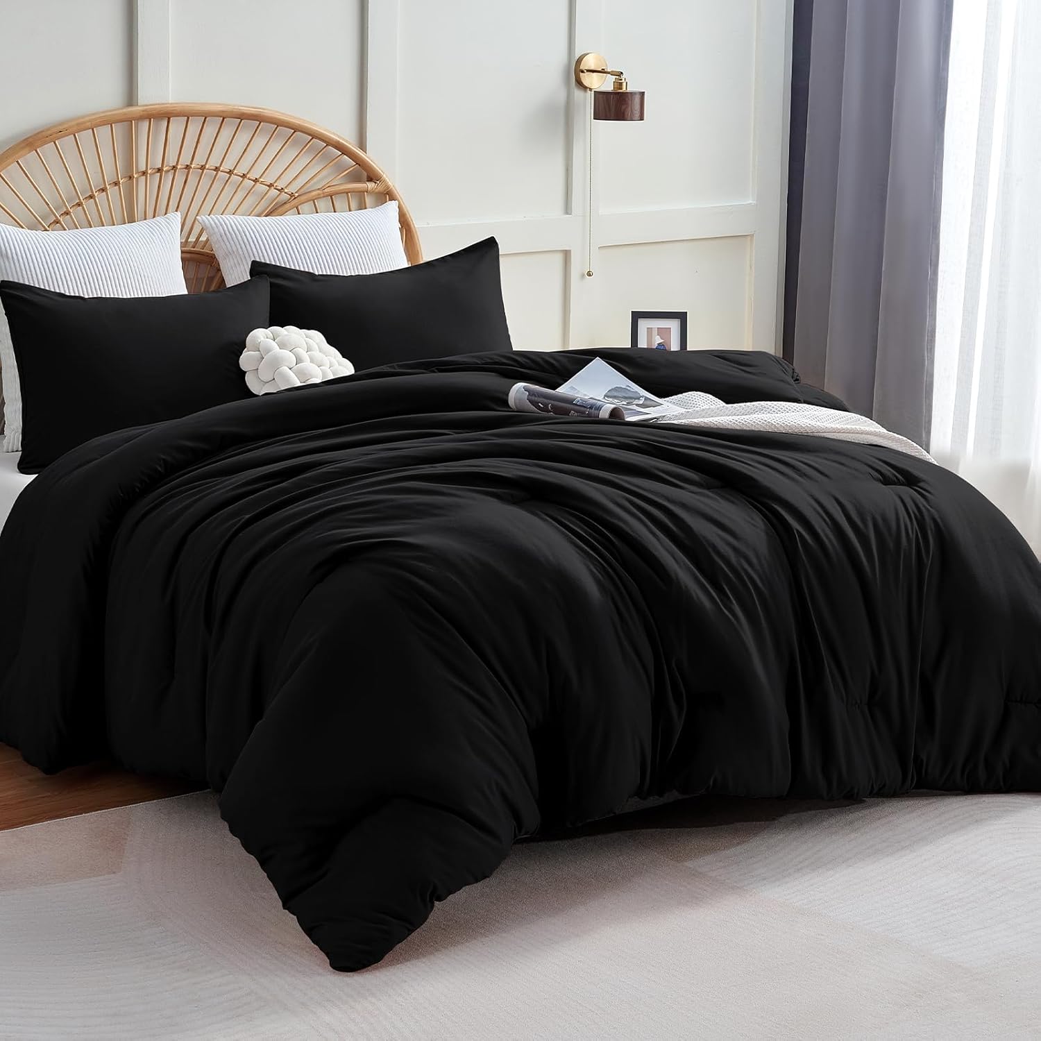 CozyLux Full Comforter Set, 3 Pieces Down Alternative Bedding, Black
