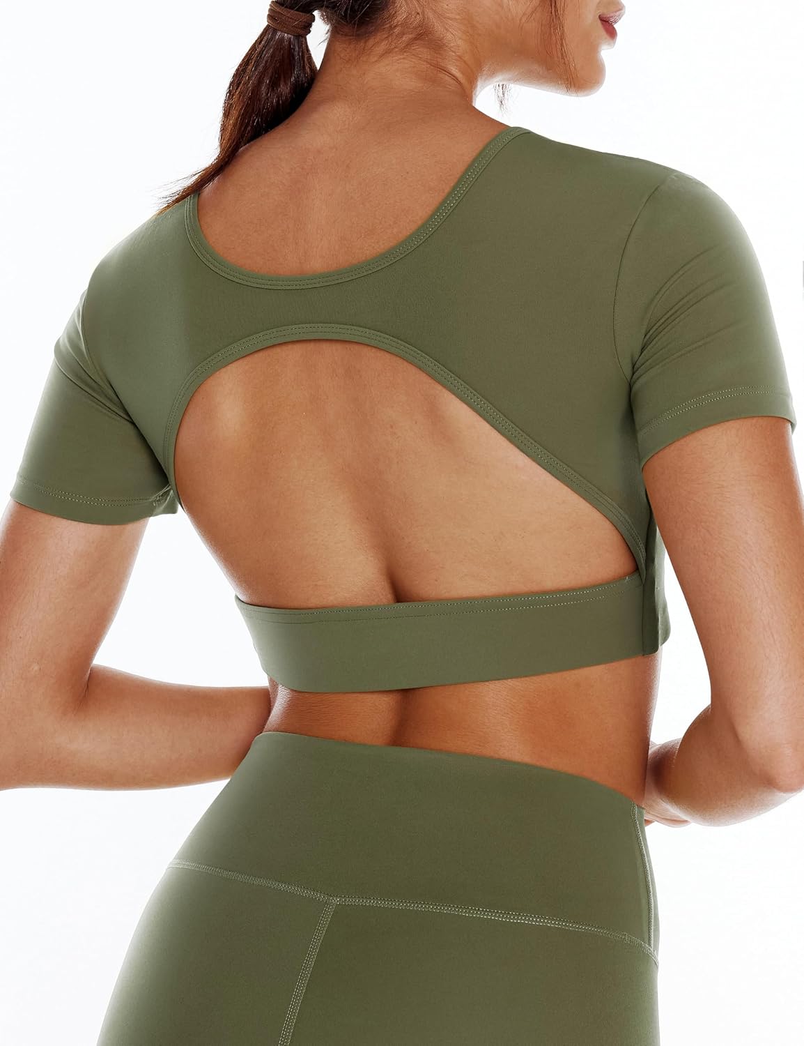 ENERBLOOM Women's Open Back Workout Crop Tops Short Olive Green Large