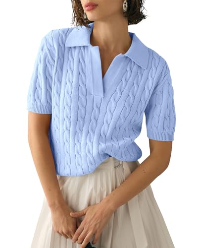 Imily Bela Womens Cable Short Sleeve Sweaters Tops Lapel V Neck Knit Shirt | Solid,Knit Casual,Soft Pullover,Fall Sweaters,Womens Summer Work Tops