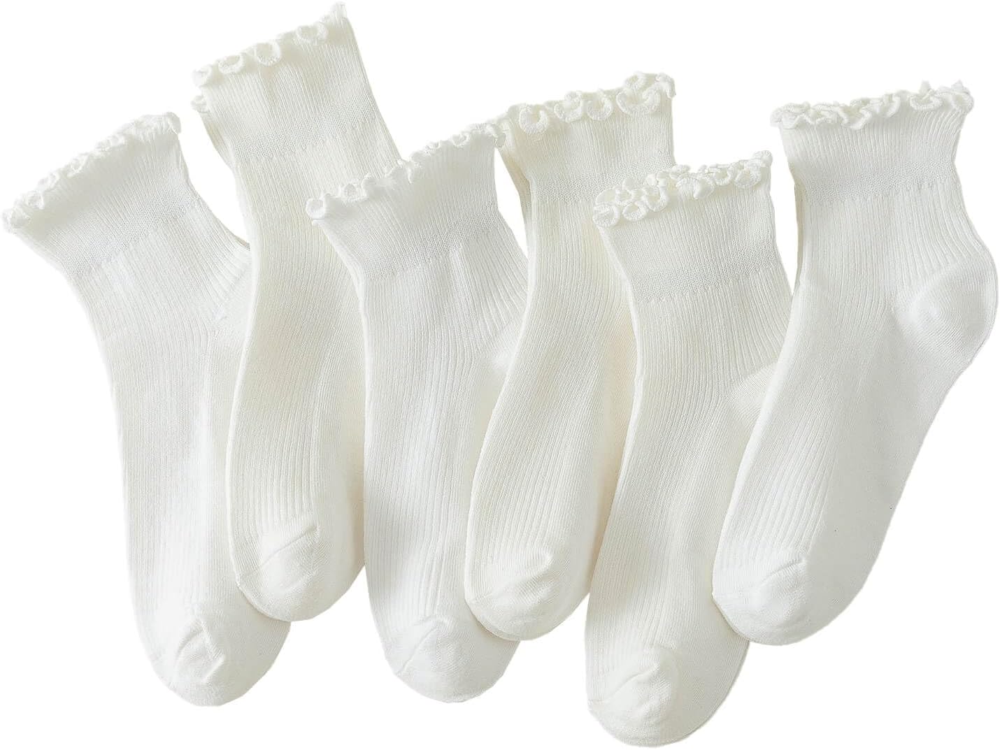 Ruffle Socks Women, 6 Pairs of White Breathable Cool Ankle Socks