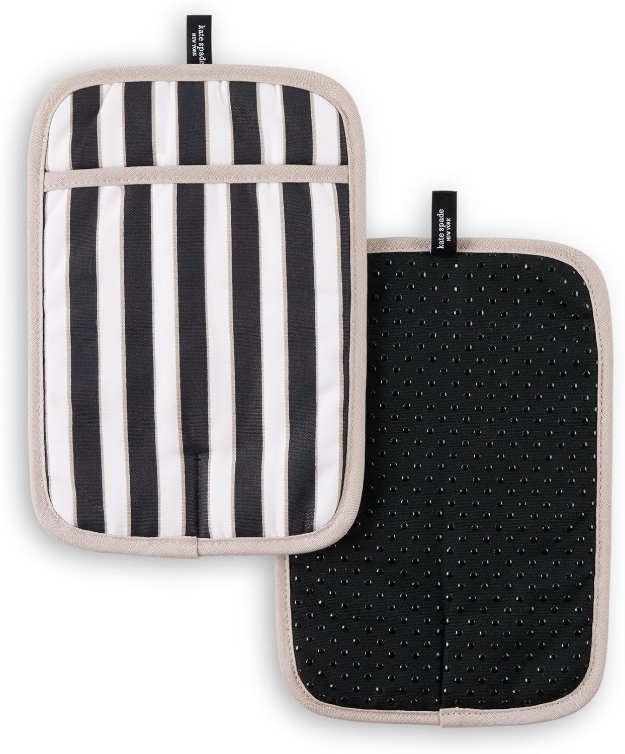 kate spade new york Botanical Stripe Pot Holder 2-Pack Set, 7" x 10", Black/Beige