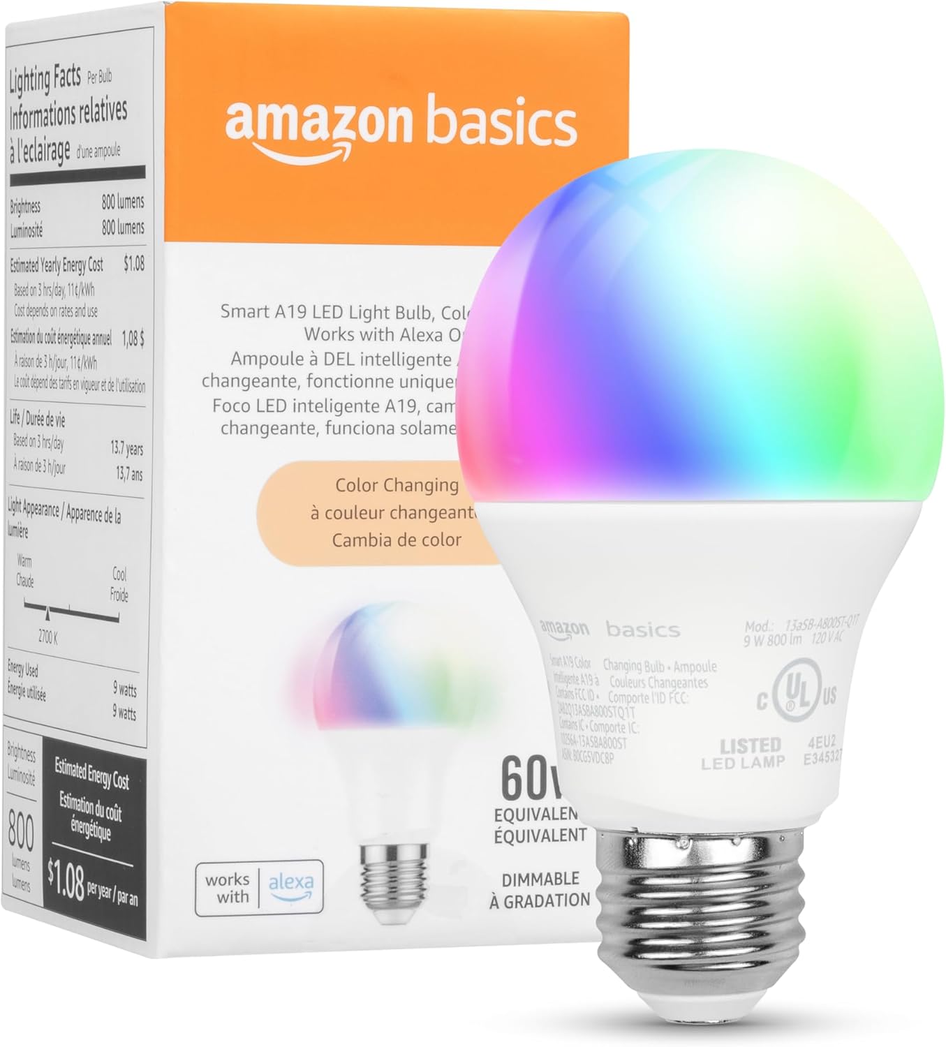 Smart A19 LED Light Bulb, Color Changing, 9W (60W Equivalent), 800LM, Works with Alexa Only, WiFi 2.4 GHz, No Hub Required, Mood Lighting, Energy Efficient, 1-Pack
