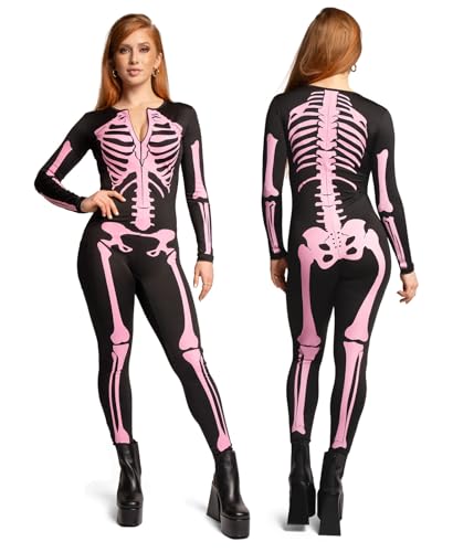 Tipsy Elves Women's Pink Skeleton Bodysuit - Sexy Halloween Costume | Size X-Small, One Piece, Baddie and Bold, Front and Back Print, Ultra Comfortable Feel, Premium Construction, Back Zipper