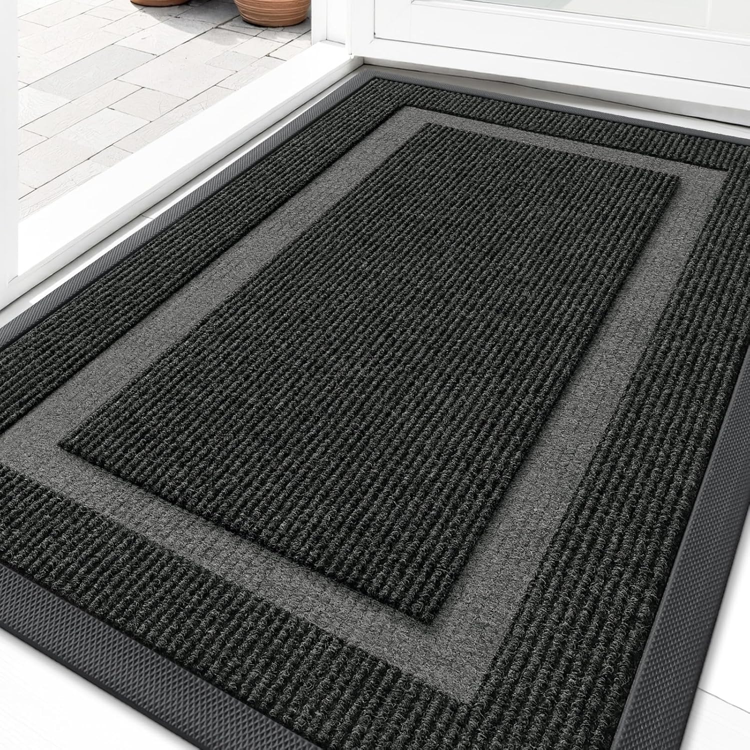 Front Door Mat Indoor Outdoor Entrance, Waterproof All-Season, All-Weather Doormat, Sturdy Natural Rubber, Fade Resistant, Low Profile, Easy Clean Patio Porch Entryway Mat, 29.5x17, Black