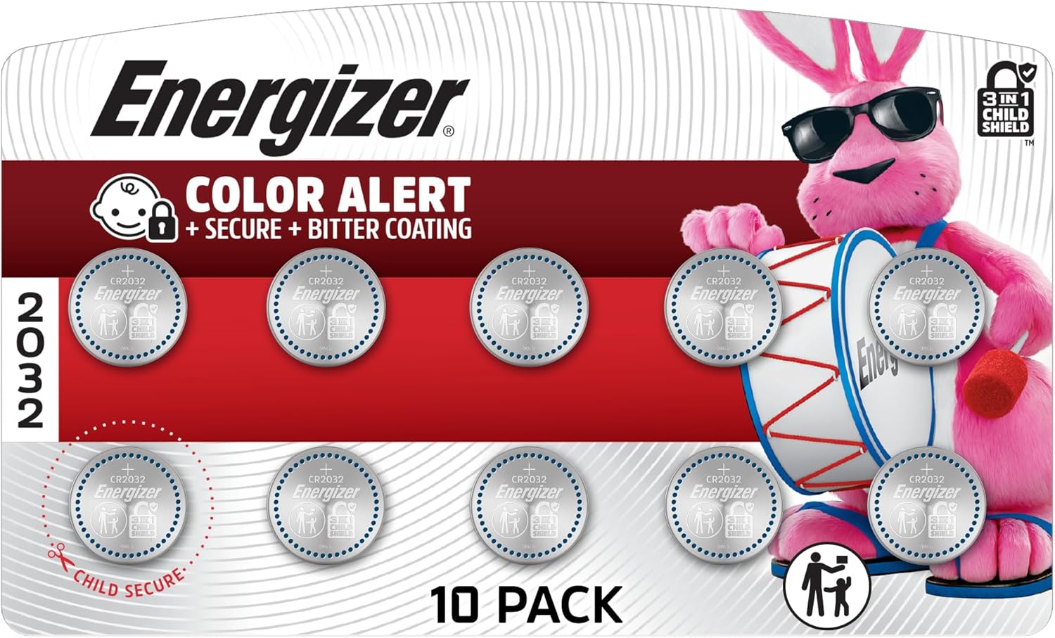 Energizer 2032 Batteries (10 Pack), 3V Lithium Coin Batteries with 3-in-1 Child Shield