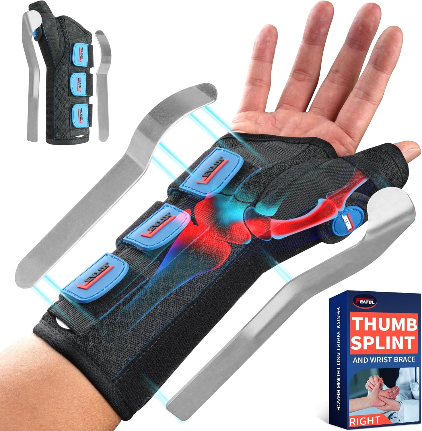 Carpal Tunnel Wrist Brace Night Support, Thumb Spica Splint Right Hand for De Quervains Tenosynovitis, Tendonitis, Thumb Brace for Women Men, Black Blue, Small/Medium