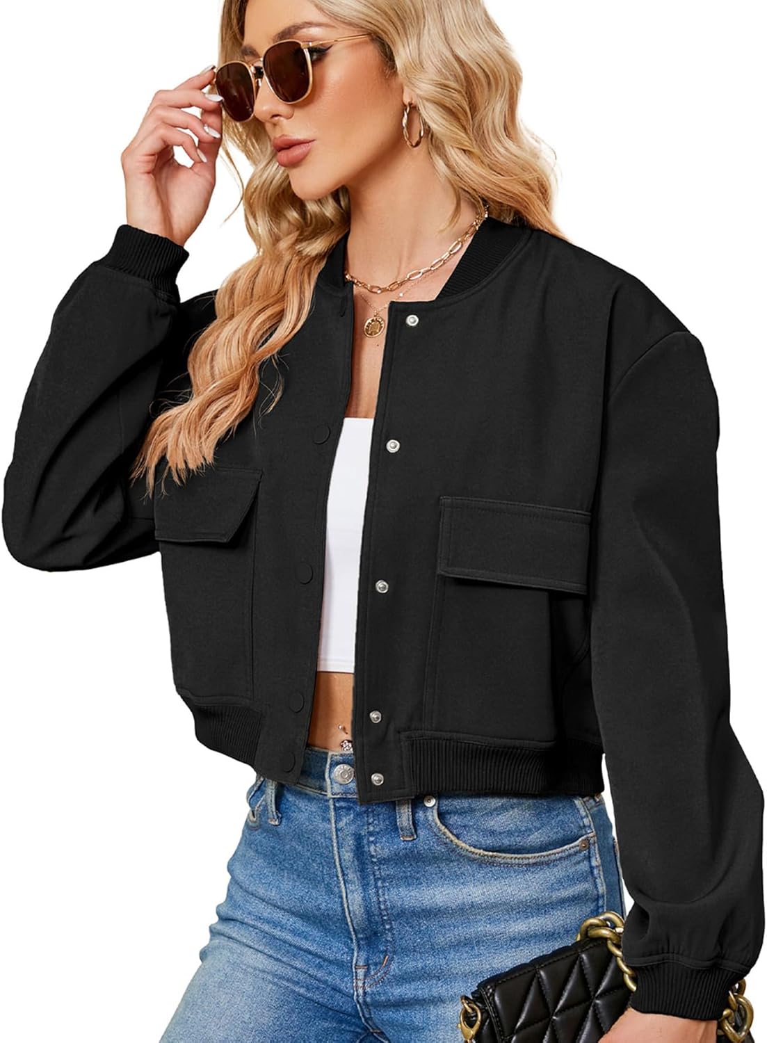 Black Spring Jackets for Women 2026 - Short Black Cropped Jacket Women Button Down Womens Jackets Fall with Side Pockets Long Sleeve Varsity Jacket Womens for Daily Outdoor Travel Parties M