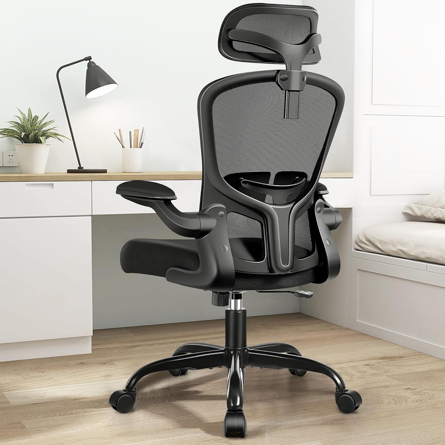 Office Chair Ergonomic Desk Chair with Headrest, High Back Computer with Adjustable Lumbar Support and Wheels,Executive Swivel Comfy with flip-up Armrests for Home Office