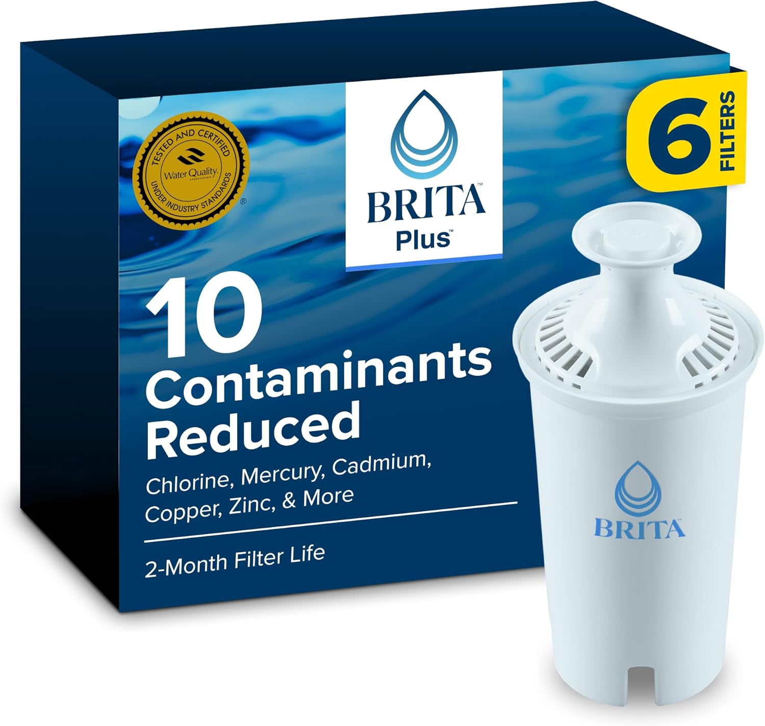 Brita BritaPlus Replacement Water Filter for Pitchers and Dispensers, WQA NSF/ANSI Certified, Reduces 2x More Contaminants vs. Standard Brita, Reduces Chlorine Zinc Copper Mercury & More, 6 Filters