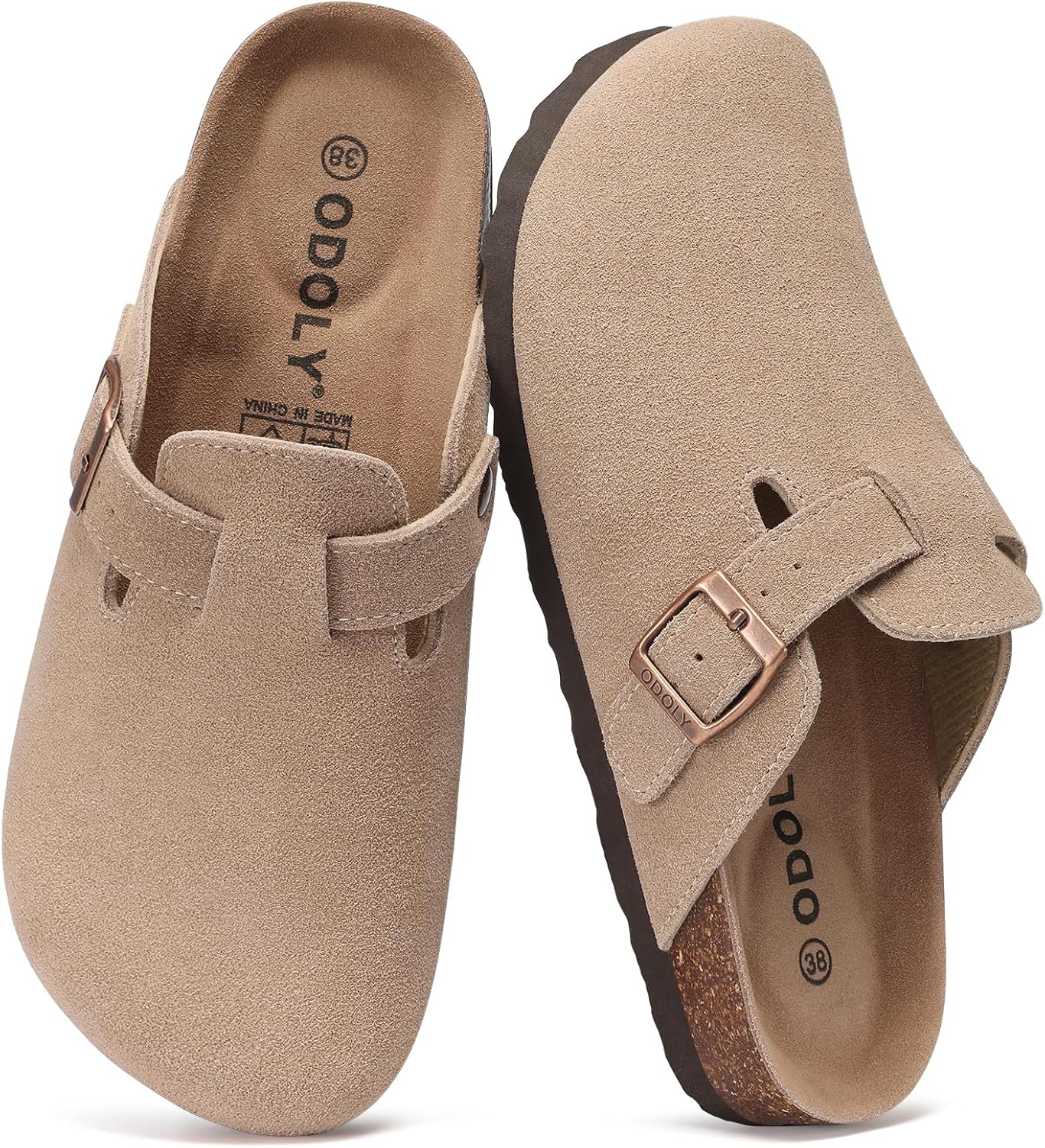 Genuine Suede Clogs for Women Men Soft Cork Footbed Leather Mules Comfort Potato Shoes with Arch Support, Taupe 39