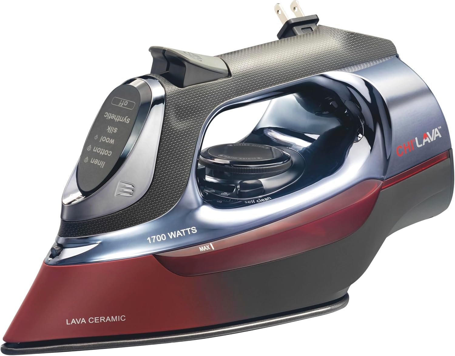 CHI Steam Iron for Clothes with 8' Retractable Cord, 1700 Watts, 3-Way Auto Shutoff, 400+ Holes, Professional Grade, Temperature Control Dial, Lava Infused Ceramic Soleplate, Black and Red (13113)
