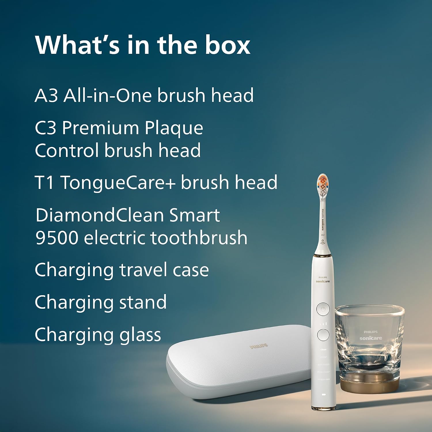 Philips Sonicare DiamondClean 9500 Electric Toothbrush 3 Brush Heads, Black | 2000% More Plaque Removal¹, Visual Pressure Sensor, 15 Brush Setting, App Connected, 14-Day Battery, Charging Case, HX9923/11