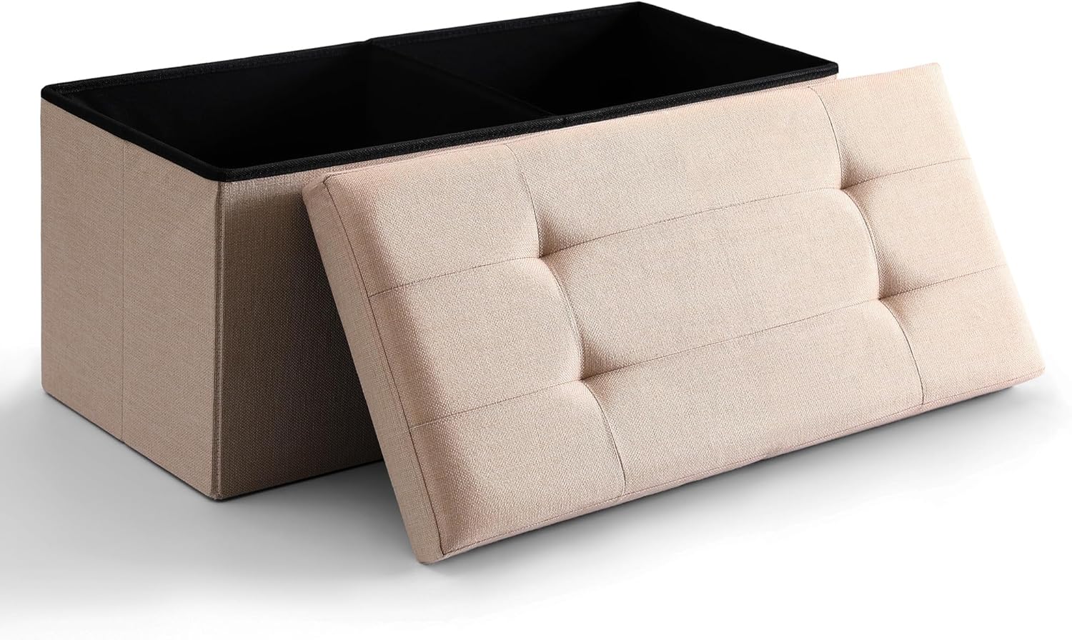 CUYOCA Storage Ottoman Bench Foldable Seat Footrest Shoe Bench End of Bed Storage with Flipping Lid, 75L Storage Space, 30 inches Linen Fabric Sandy Beige