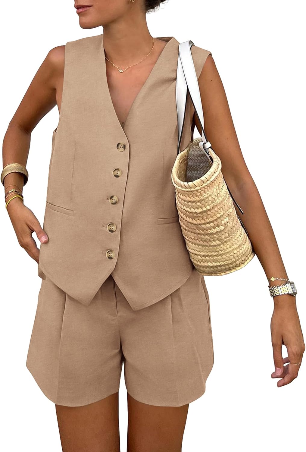 Two Piece Outfits for Women Summer Button Up V Neck Vest Waistcoat and Pockets Shorts Chic Casual Matching Sets (Khaki,Medium)