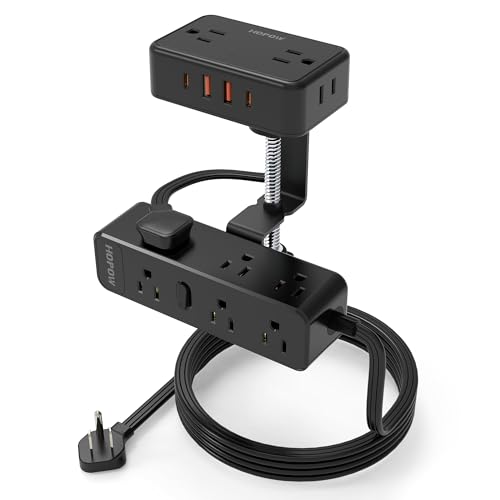 HOPOW Dual Layer Desk Clamp Power Strip, 13 Outlets 4 USB, 10FT Cord, Black | 1875/15A, Under Desk Surge Protector(1700J), Keeps Desk Tidy, Wide Spaced,Desktop Edge Mount for Office Home Workshop Gaming