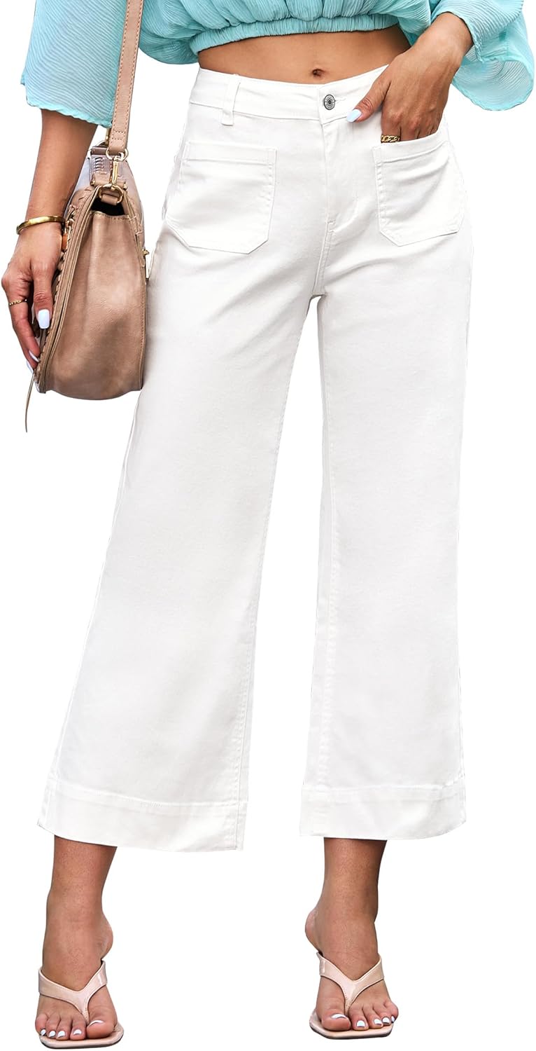 luvamia Wide Leg Jeans for Women Trendy High Waisted Flare Jeans Cropped Denim Pants Stretchy Baggy with Patch Pockets Womens Jeans Stretchy Womens Jeans Size 8 White Slacks for Women Size 10