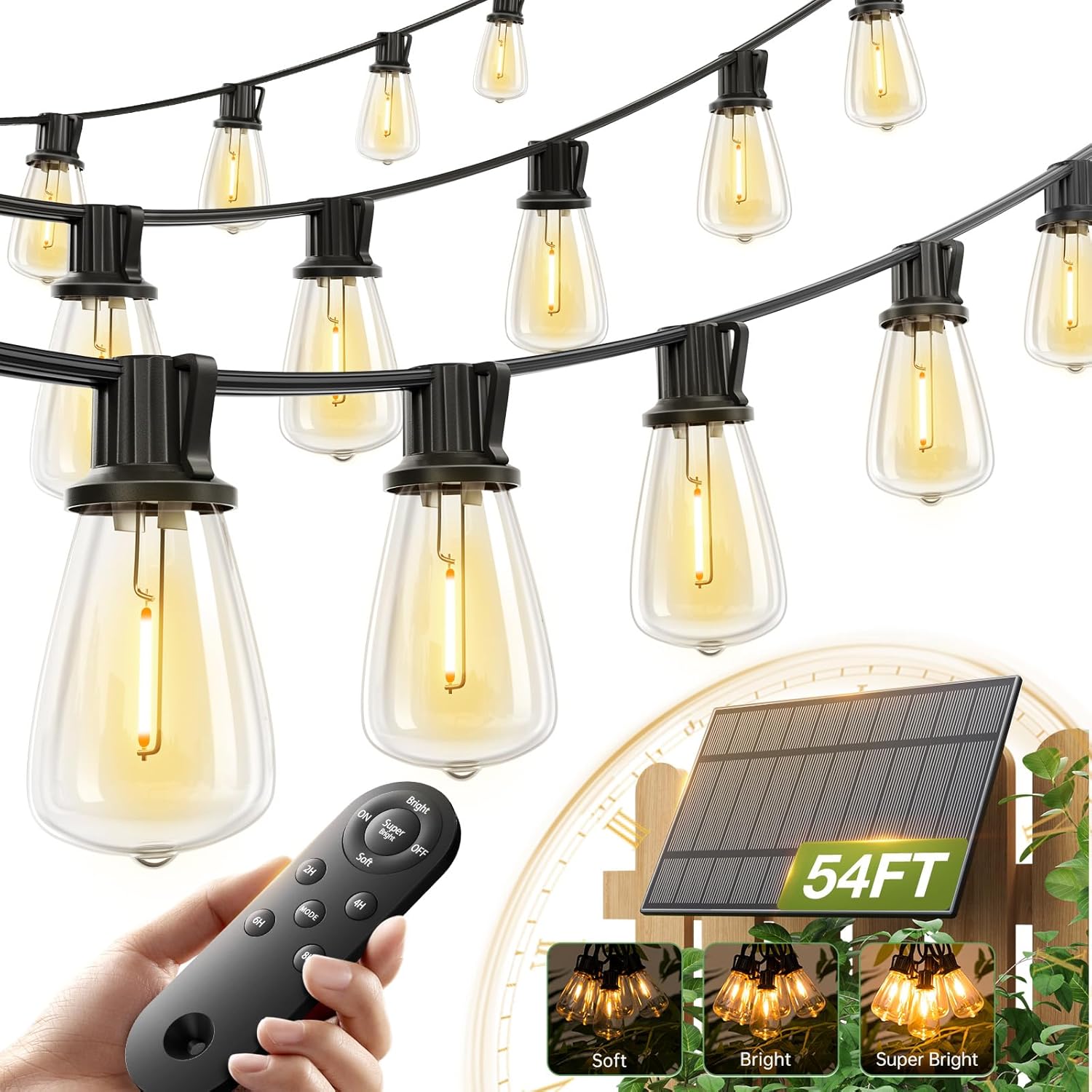 addlon 54(48+6) FT Solar String Lights Waterproof,Patio Lights Solar Powered with Remote& USB Port 24+2 LED Shatterproof Bulbs 3 Lighting Modes Outdoor Lights for Camping Backyard Garden
