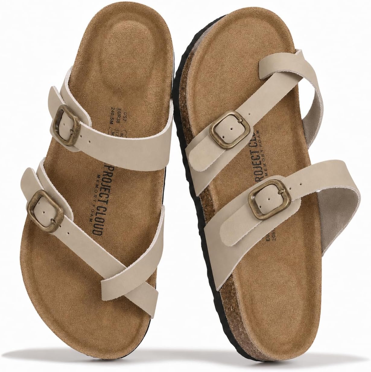 Project Cloud 100% Genuine Leather Womens Sandals -Lightweight Womens Slides Memory Foam Insole & Cork Footbed Sandals Women - Non-Slip Beach Essentials Summer Sandals for Women 2026 (Lian,BEIG,8)