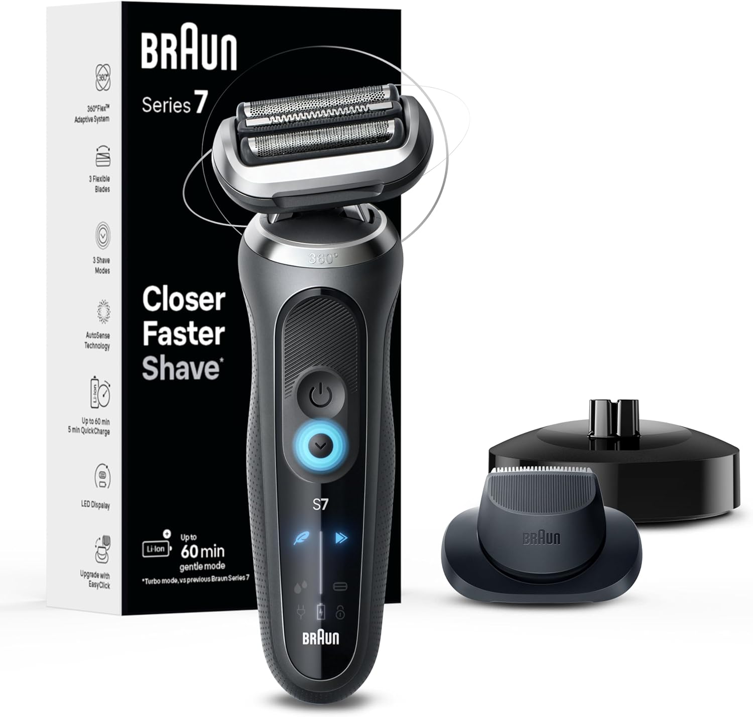 Braun Electric Shaver for Men, Series 7 7127cs, Wet & Dry Shave, Turbo & Gentle Shaving Modes, Waterproof Foil Shaver, Engineered in Germany, with Beard Trimmer, Charging Stand, Space Grey