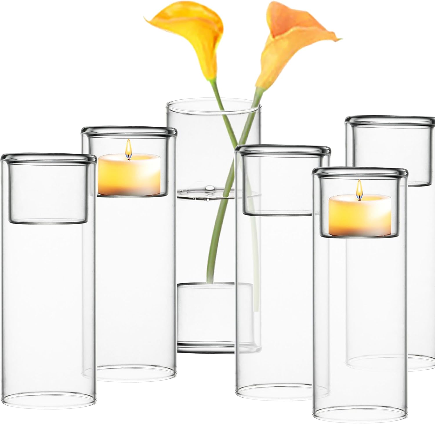 CYS EXCEL Clear Glass Tealight Candle Holders Bud Vases (Pack of 6) Hurricane Candle Holders Home Décor Wedding Candle Centerpiece Cylinder Vases